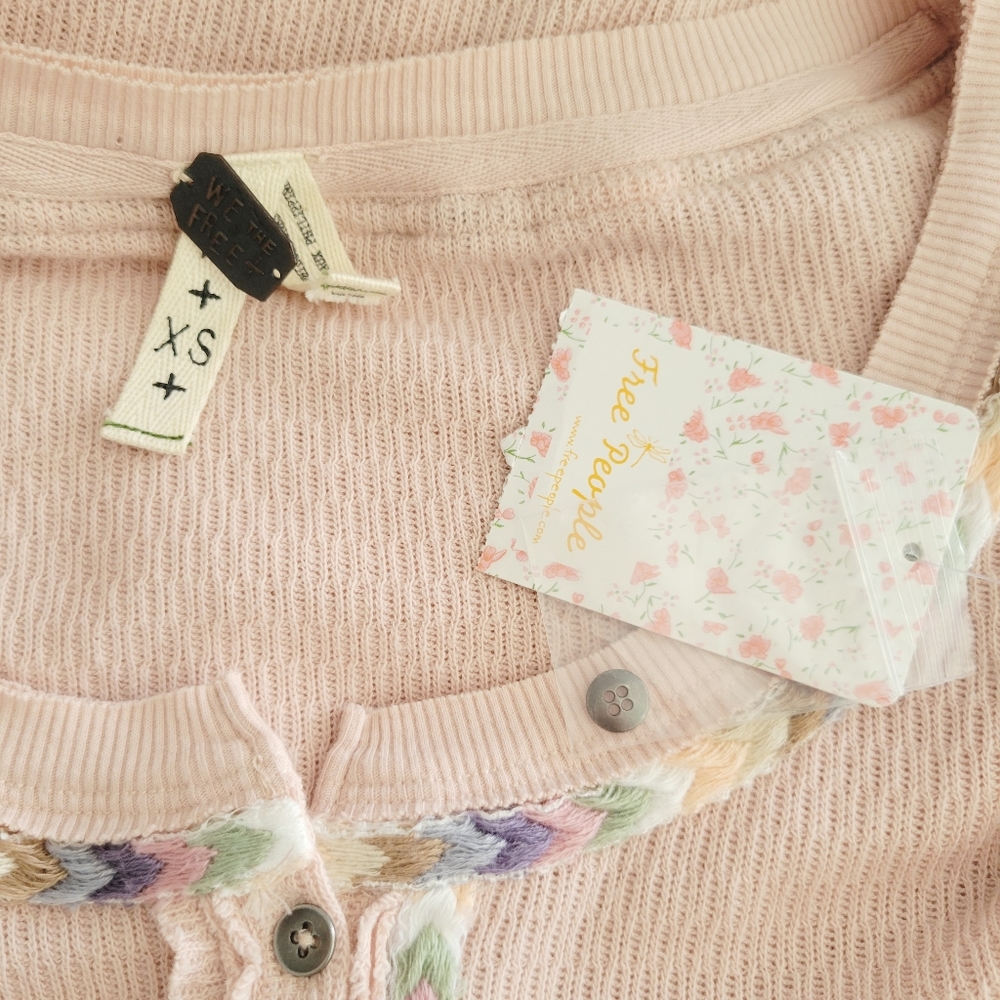 Nwt FREE PEOPLE Rainbow Thermal Henley Top | Pink | Size- XS - Picture 12 of 12